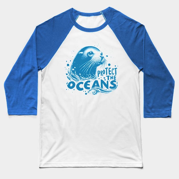 Protect the Oceans - Sea lion blue Baseball T-Shirt by PrintSoulDesigns